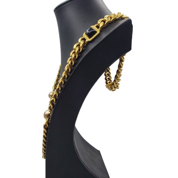 Carolee Gold Tone Curb Thick Chain Chunky Necklace Faux Pearl Onyx Vintage 80s - Picture 2 of 11